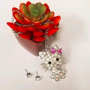 Hello Kitty Rhinstone Necklace and Earring Set New